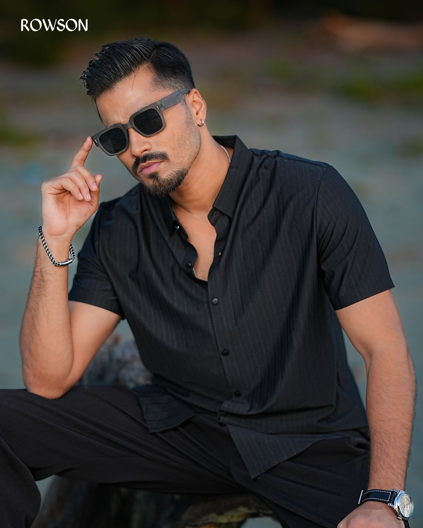 Broadcloth Vertical Stripe Japanese Half Shirt - Royal Black