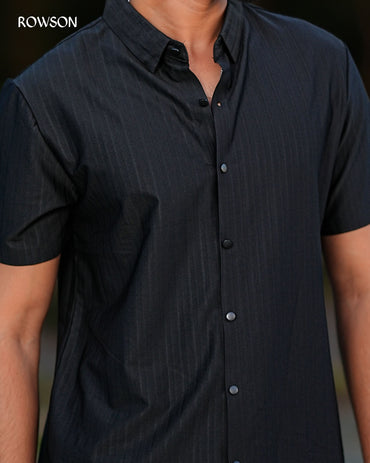 Broadcloth Vertical Stripe Japanese Half Shirt - Royal Black