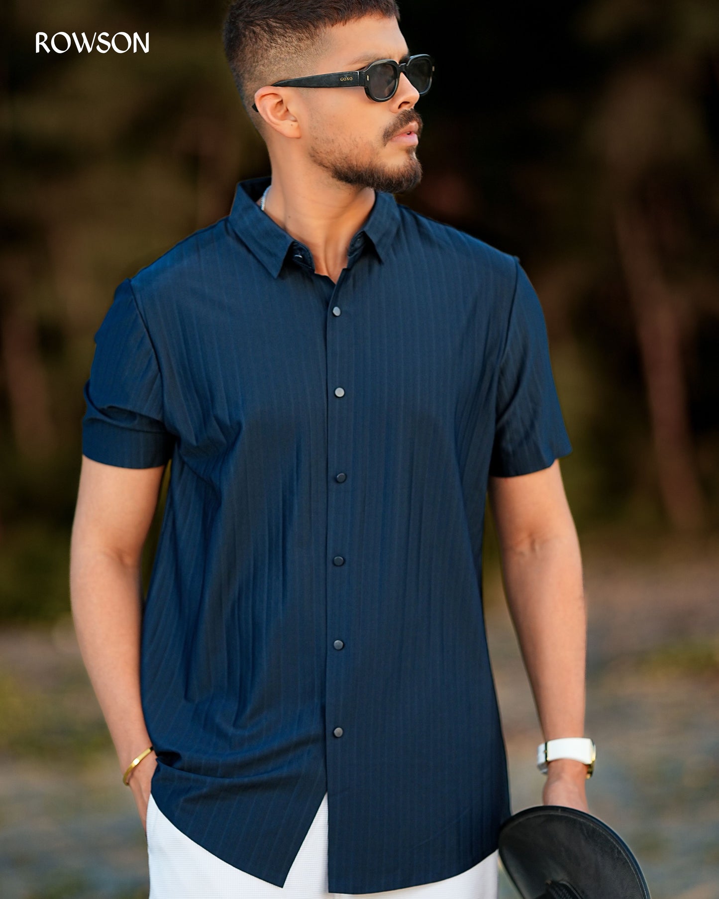 Broadcloth Vertical Stripe Half Shirt - Deep Navy