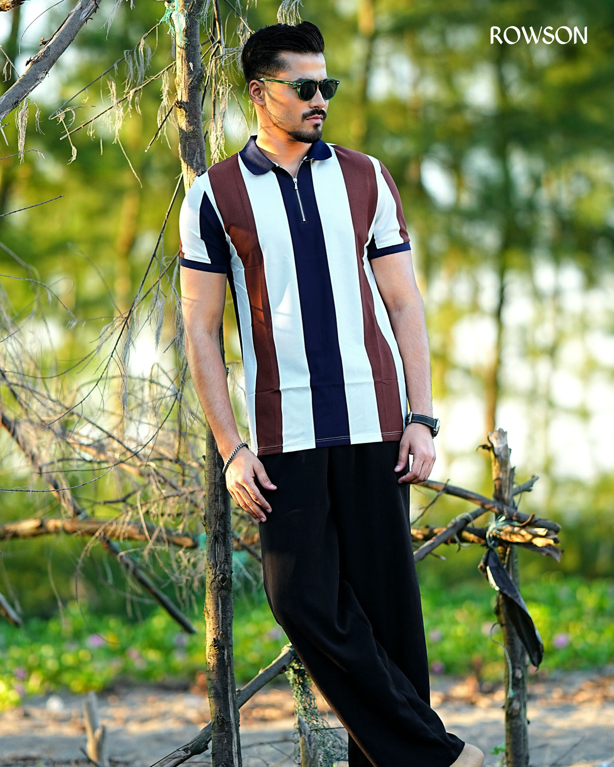 Multicolour Stripe Zip Neck Polo Shirt-Brown