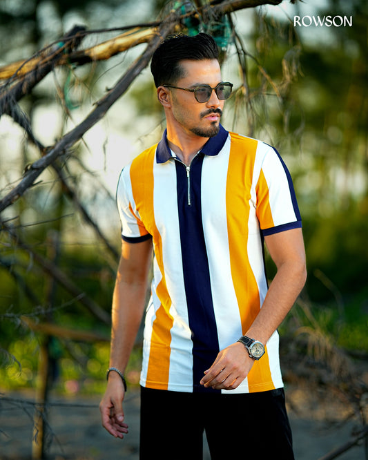 Multicolour Stripe Zip Neck Polo Shirt