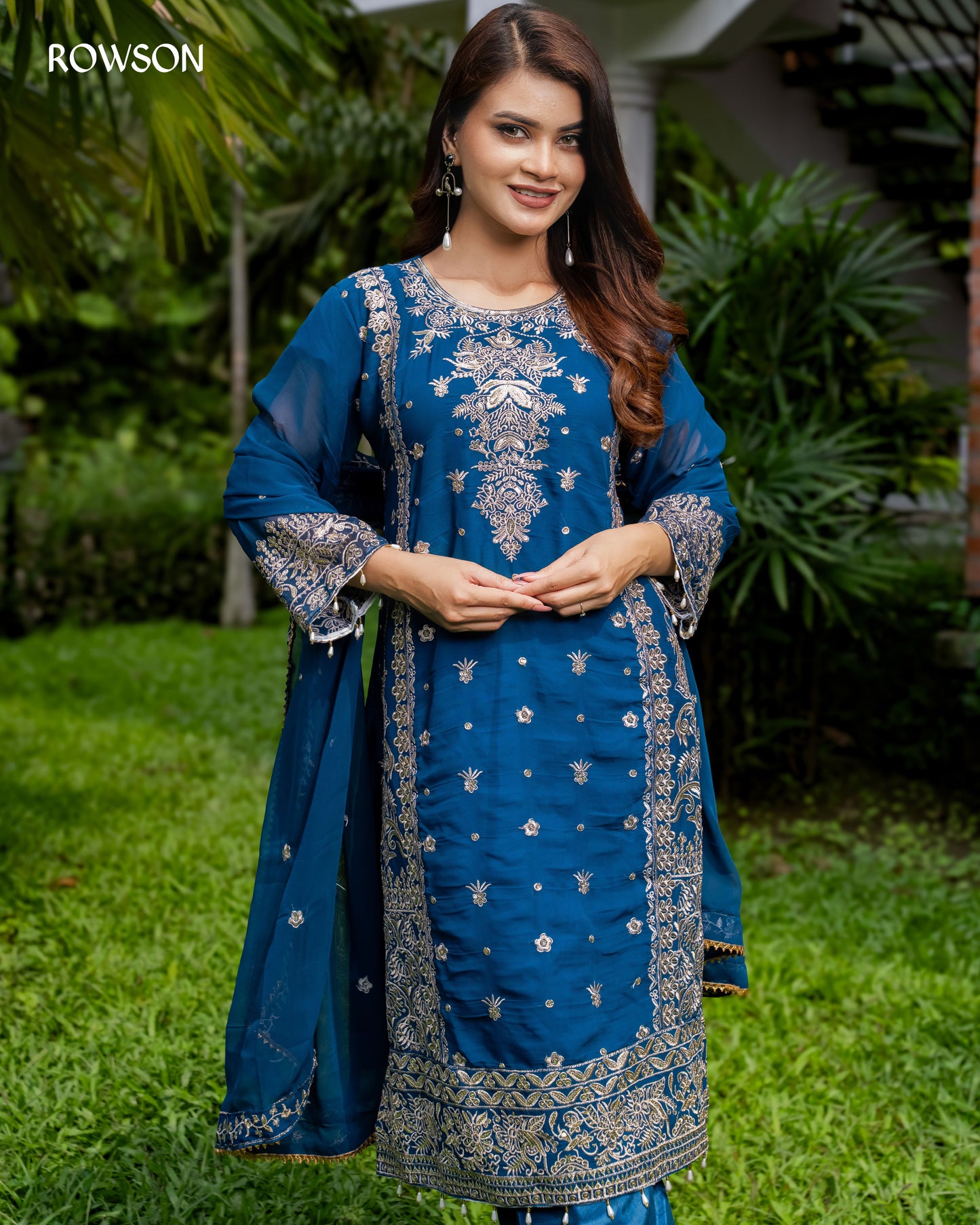 Shahi Embroidered Three-Piece - Royal Peacock Blue