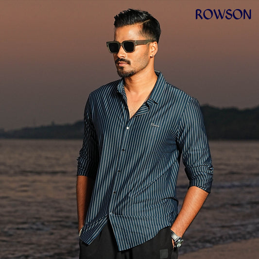 Broadcloth Vertical Stripe Japanese Shirt - Royal Blue