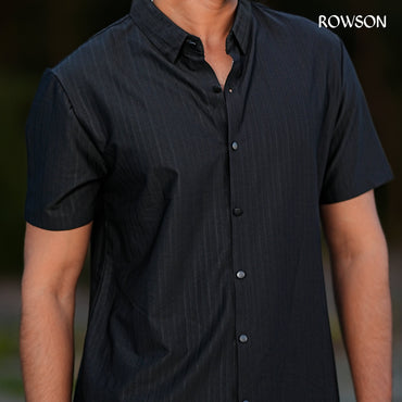 Broadcloth Vertical Stripe Japanese Half Shirt - Royal Black