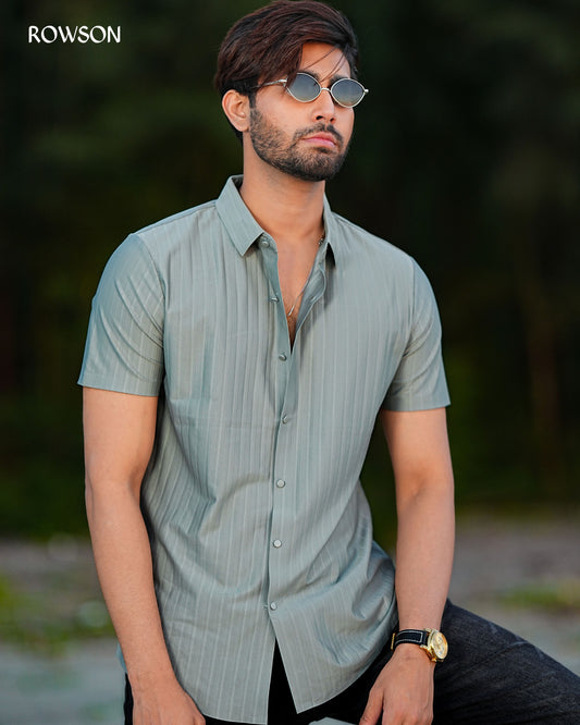 Broadcloth Vertical Stripe Japanese Half Shirt - Sage Green