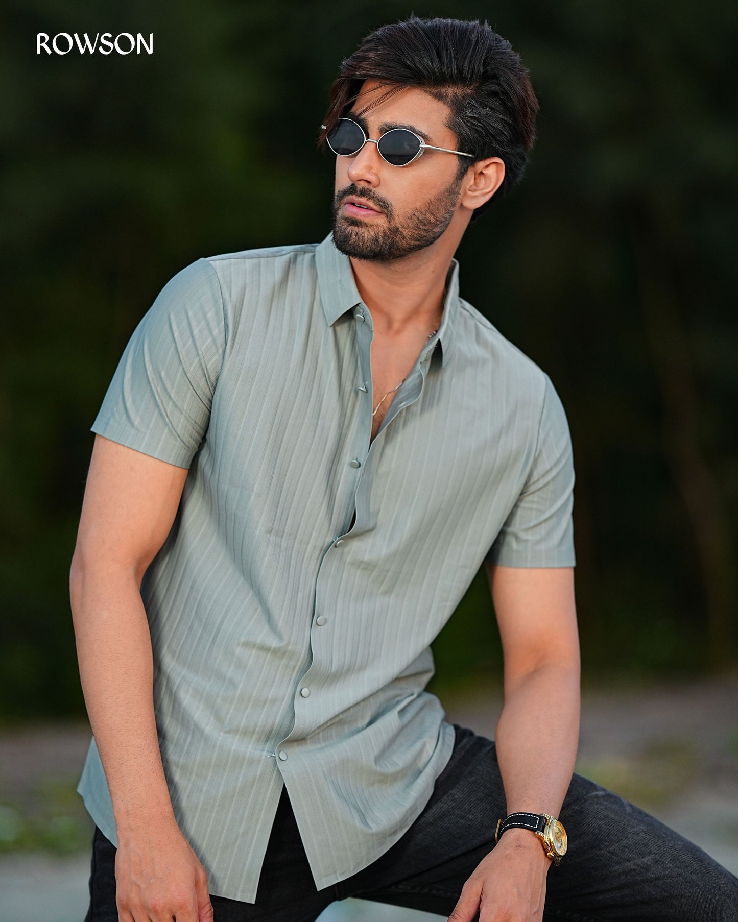 Broadcloth Vertical Stripe Japanese Half Shirt - Sage Green