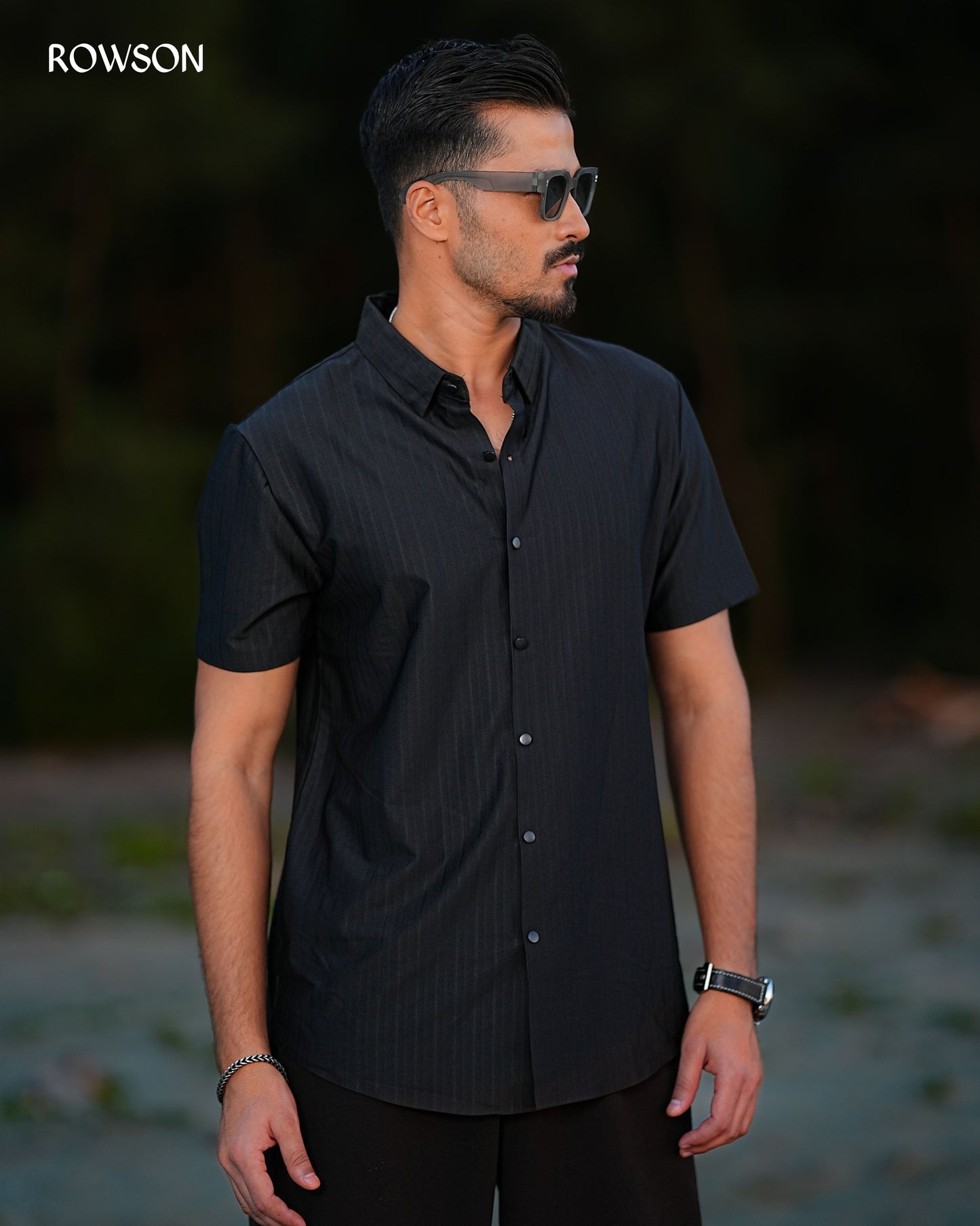 Broadcloth Vertical Stripe Japanese Half Shirt - Royal Black