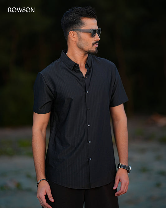 Broadcloth Vertical Stripe Japanese Half Shirt - Royal Black