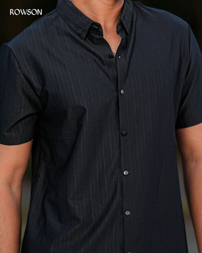 Broadcloth Vertical Stripe Japanese Half Shirt - Royal Black