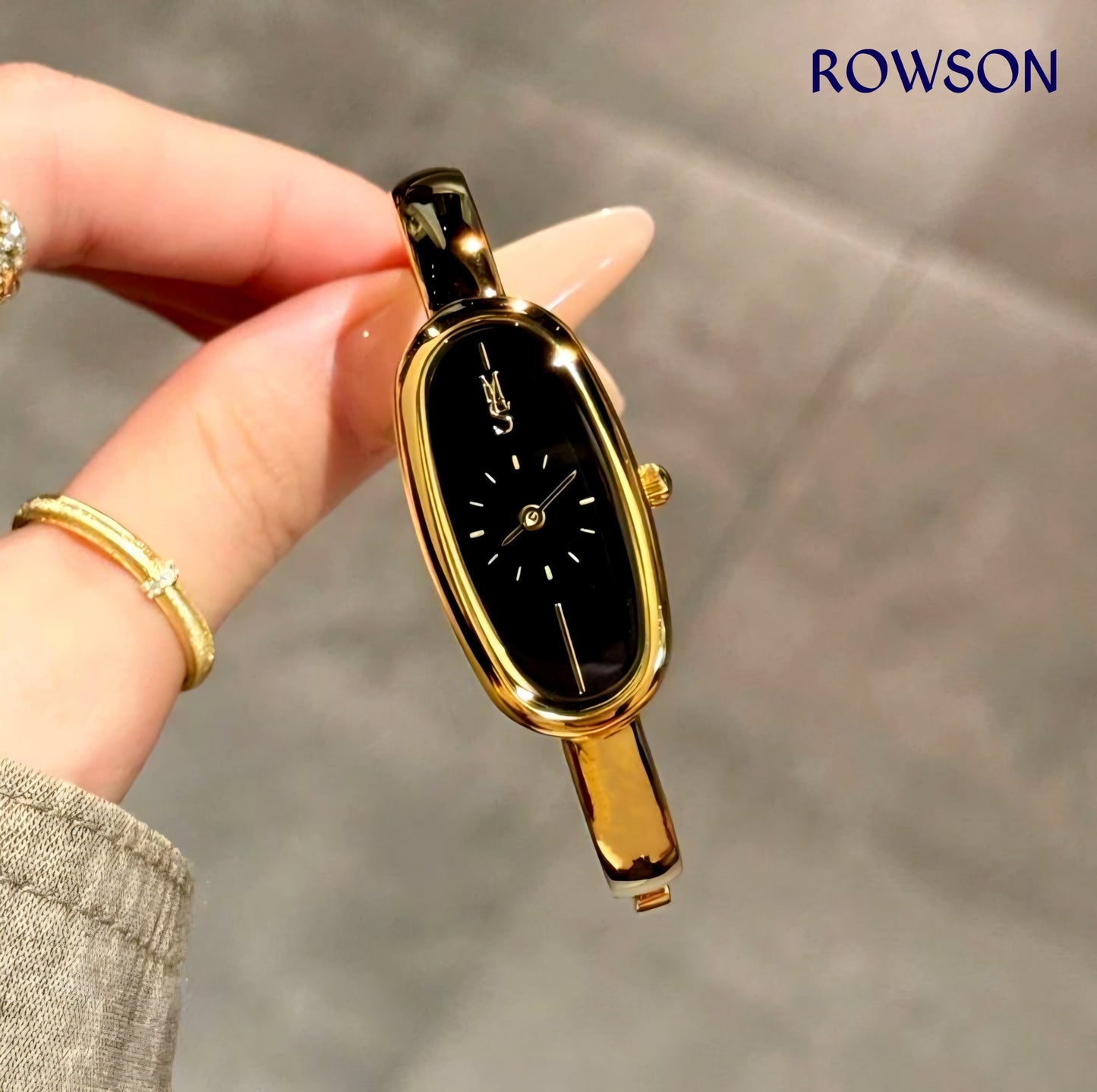 Classic Gold Long Oval Black Dial Watch