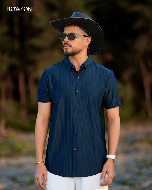 Broadcloth Vertical Stripe Half Shirt - Deep Navy