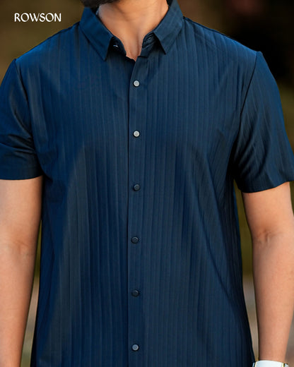 Broadcloth Vertical Stripe Half Shirt - Deep Navy