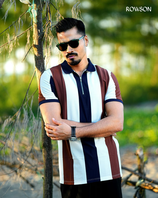 Multicolour Stripe Zip Neck Polo Shirt