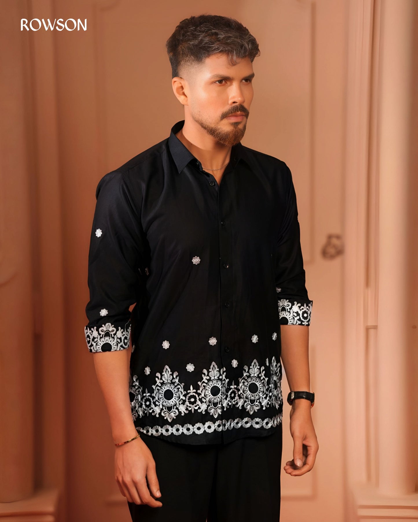 Rowson Black Imperial Embroidery Full Shirt