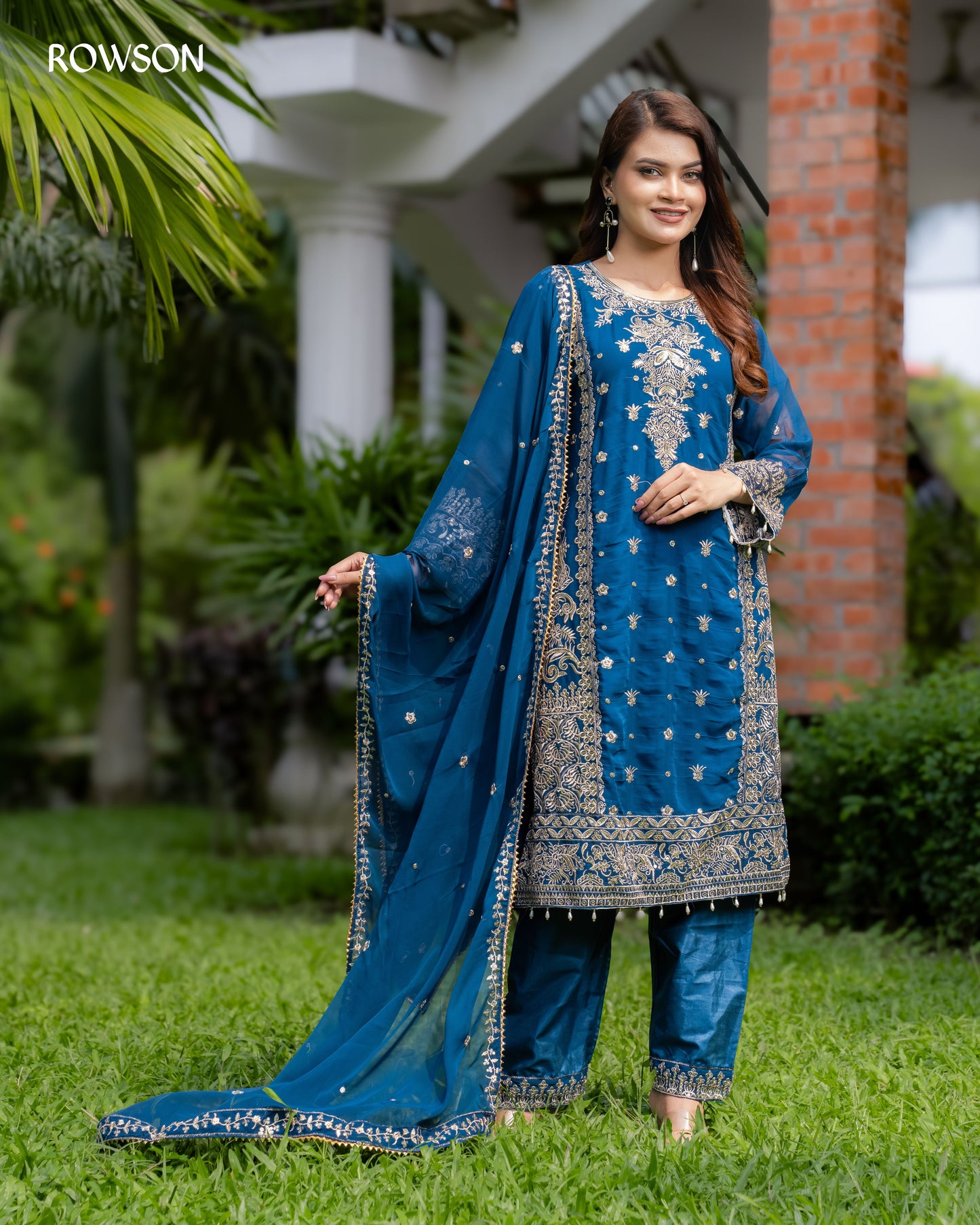 Shahi Embroidered Three-Piece - Royal Peacock Blue