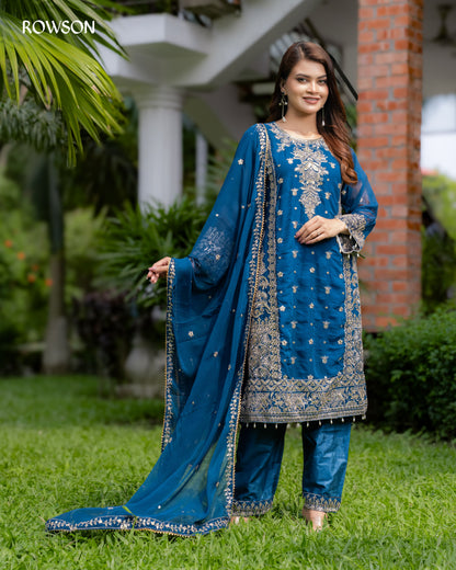 Shahi Embroidered Three-Piece - Royal Peacock Blue