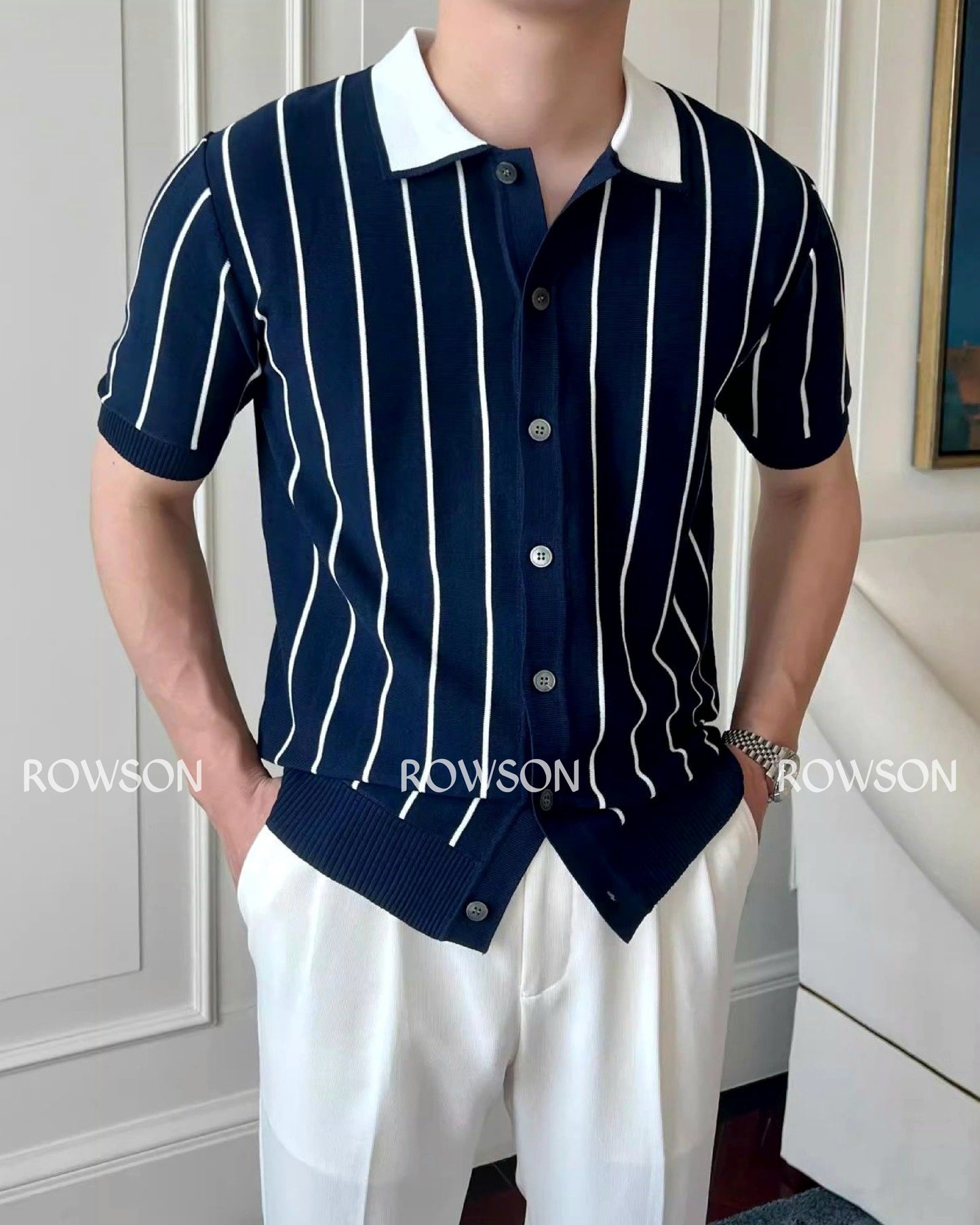 Monaco Summer Stripe Polo - Nevy Blue
