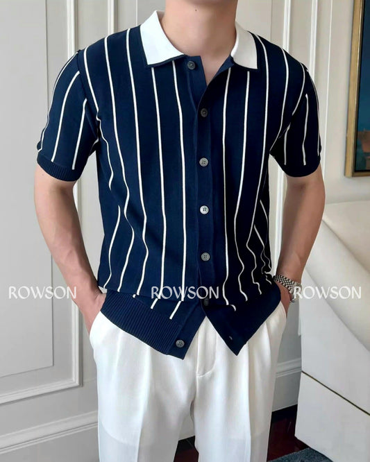 Monaco Summer Stripe Polo - Nevy Blue