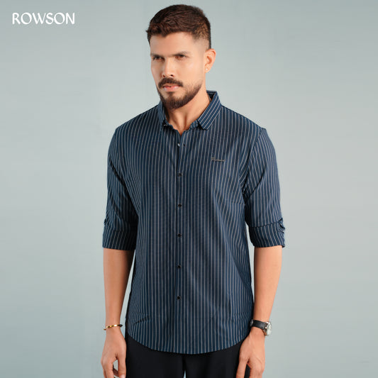 Broadcloth Vertical Stripe Japanese Shirt - Royal Blue