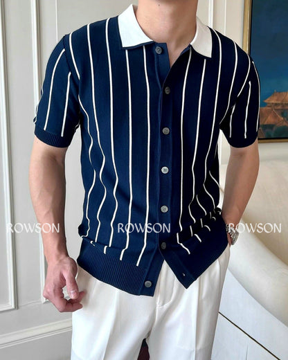 Monaco Summer Stripe Polo - Nevy Blue