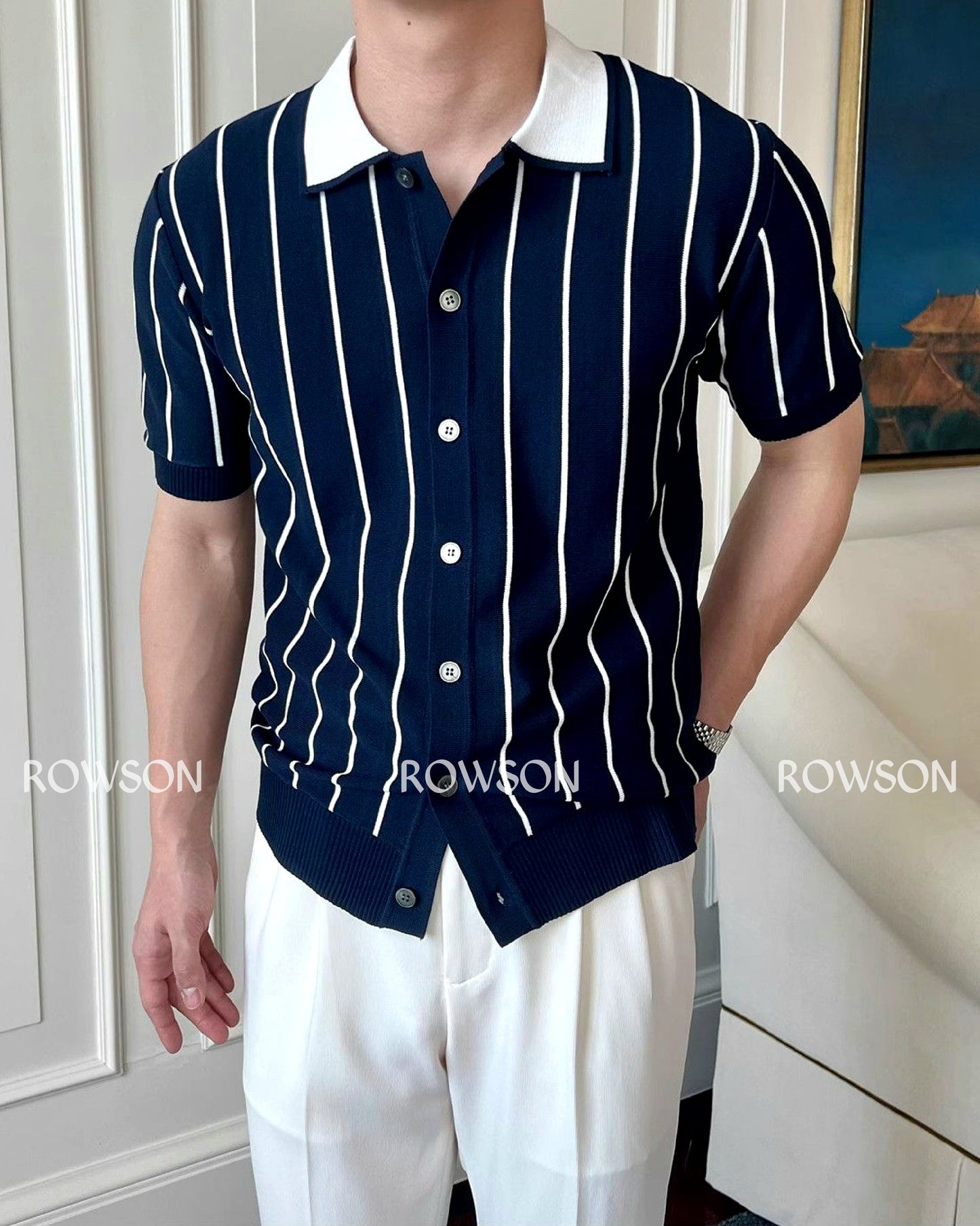 Monaco Summer Stripe Polo - Nevy Blue