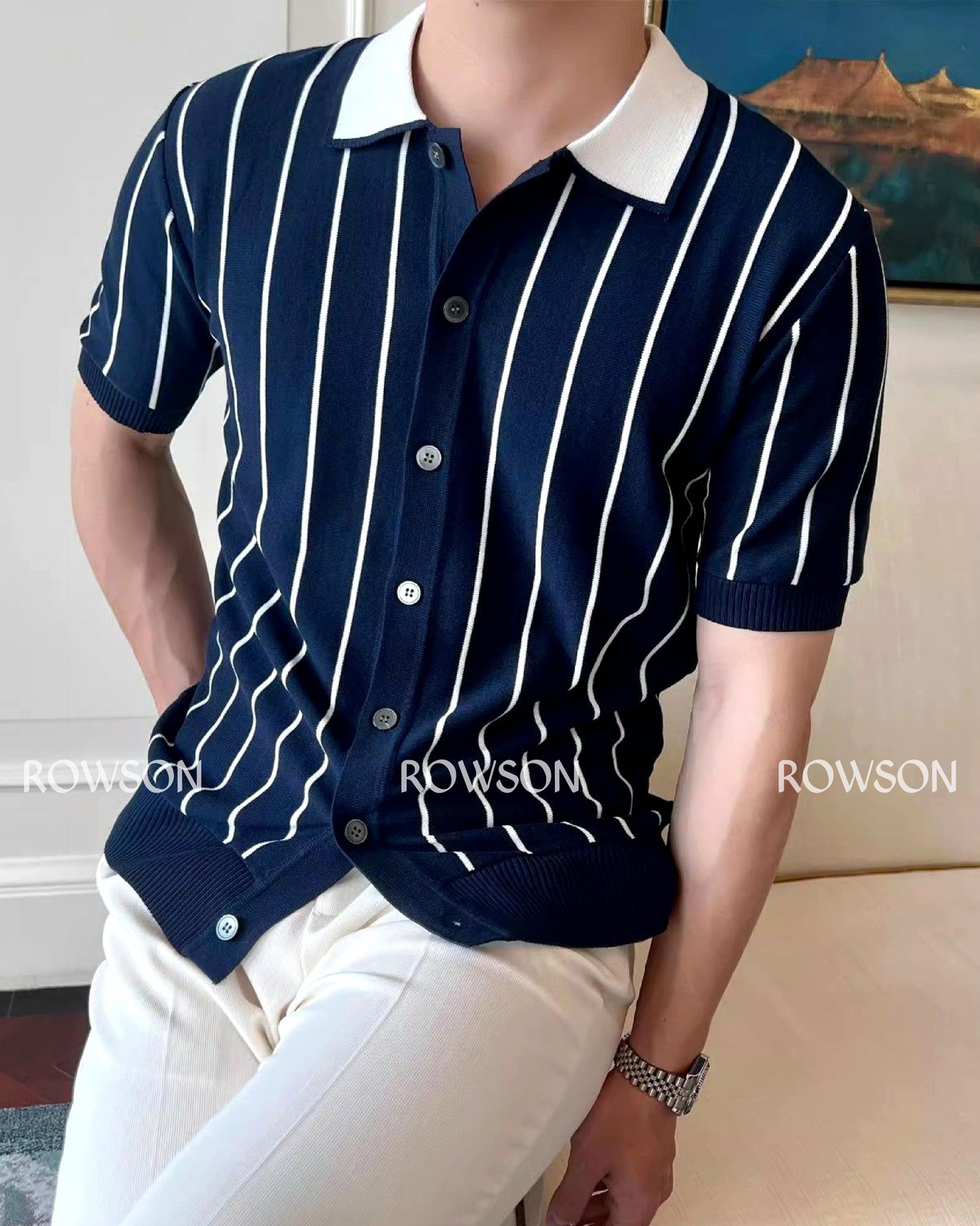 Monaco Summer Stripe Polo - Nevy Blue