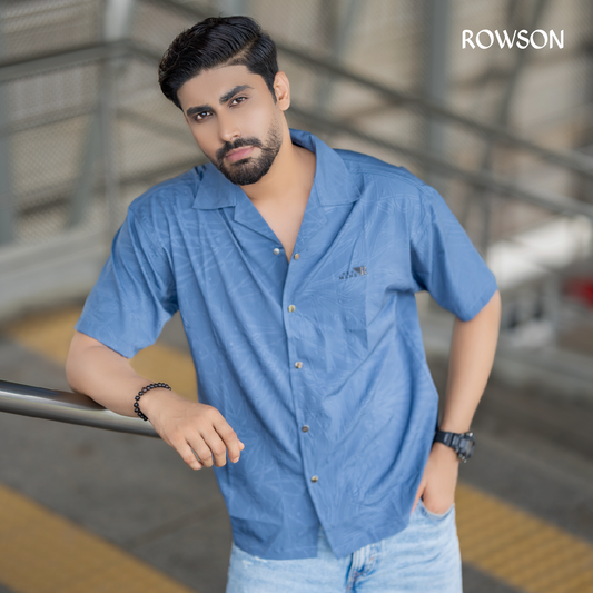 Chinese Soft Carved Fabrics Half Shirt - Steel Blue.