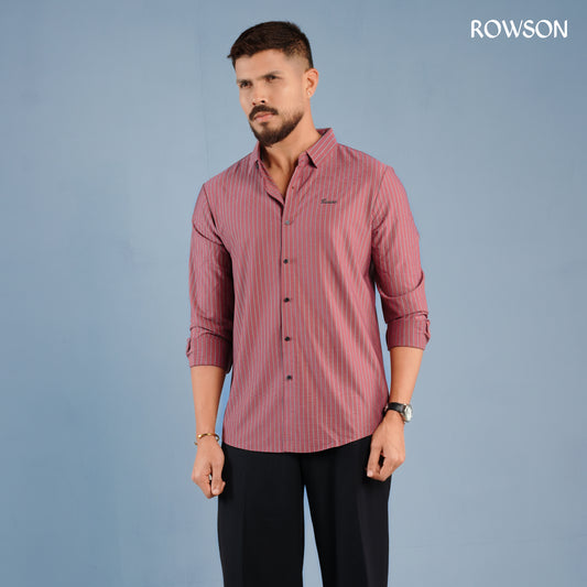 Broadcloth Vertical Stripe Japanese Shirt - Rosewood Red.