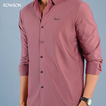 Broadcloth Vertical Stripe Japanese Shirt - Rosewood Red.