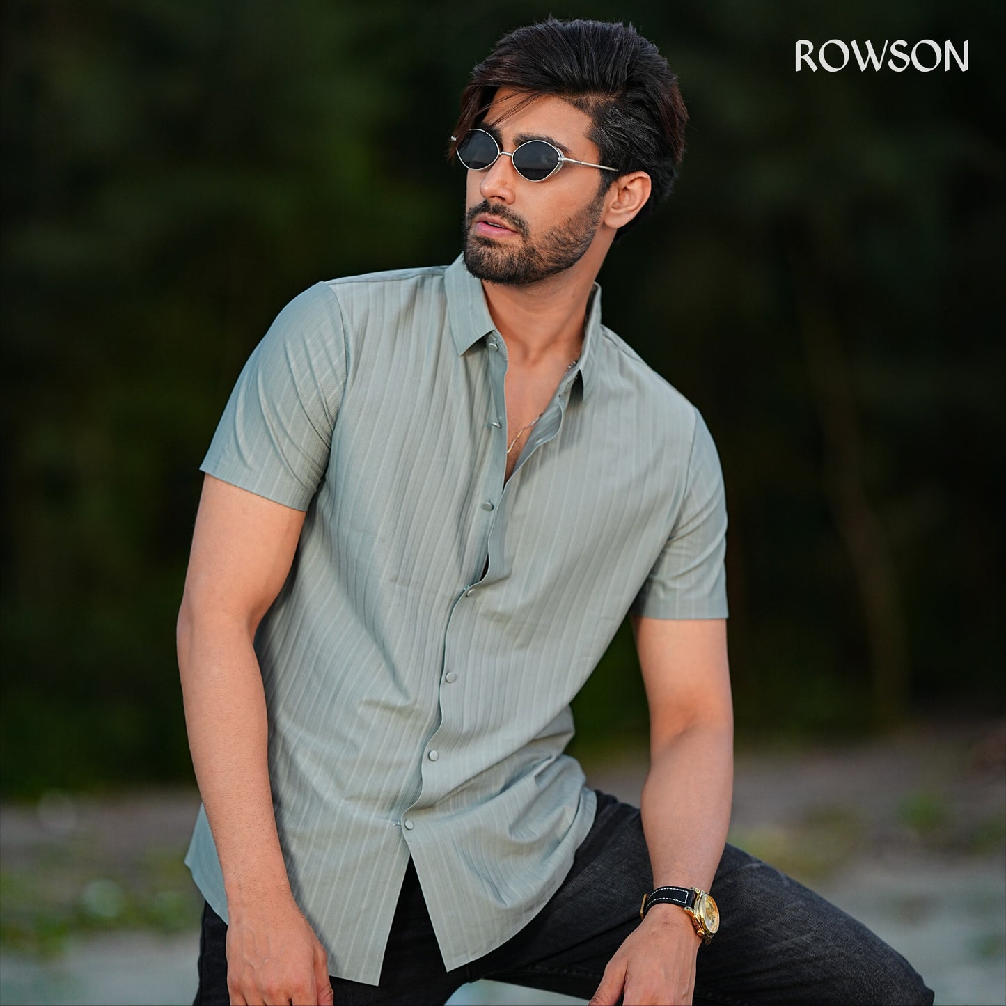 Broadcloth Vertical Stripe Japanese Half Shirt - Sage Green