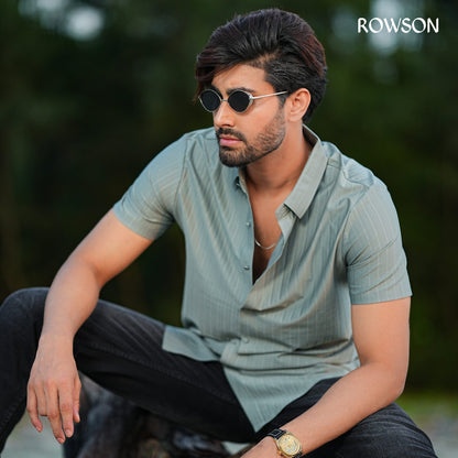 Broadcloth Vertical Stripe Japanese Half Shirt - Sage Green