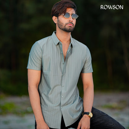 Broadcloth Vertical Stripe Japanese Half Shirt - Sage Green