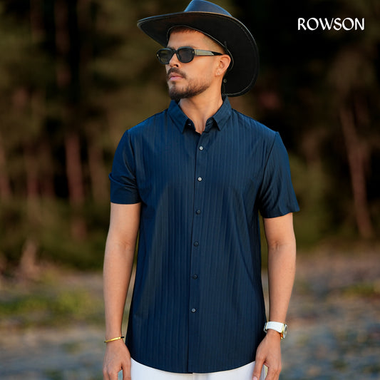 Broadcloth Vertical Stripe Japanese Half Shirt - Deep Navy