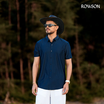 Broadcloth Vertical Stripe Japanese Half Shirt - Deep Navy