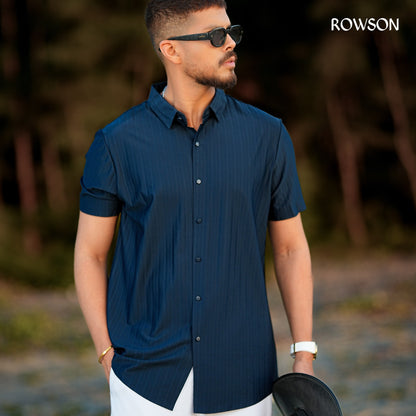 Broadcloth Vertical Stripe Japanese Half Shirt - Deep Navy