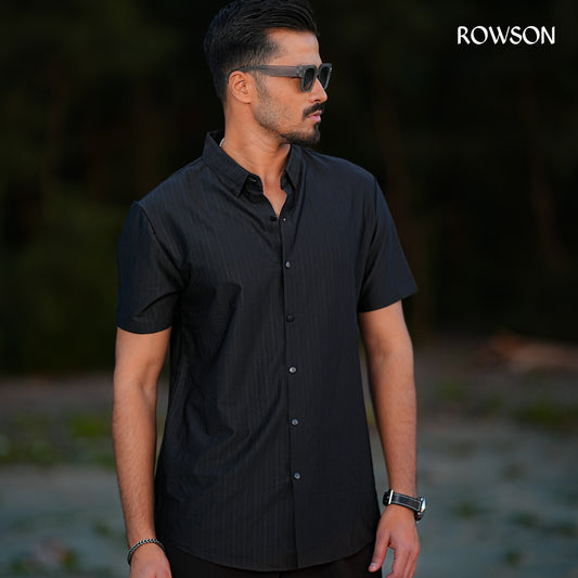 Broadcloth Vertical Stripe Japanese Half Shirt - Royal Black