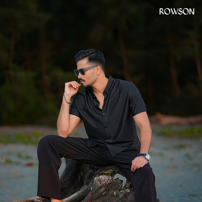 Broadcloth Vertical Stripe Japanese Half Shirt - Royal Black