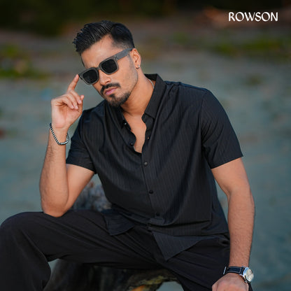 Broadcloth Vertical Stripe Japanese Half Shirt - Royal Black