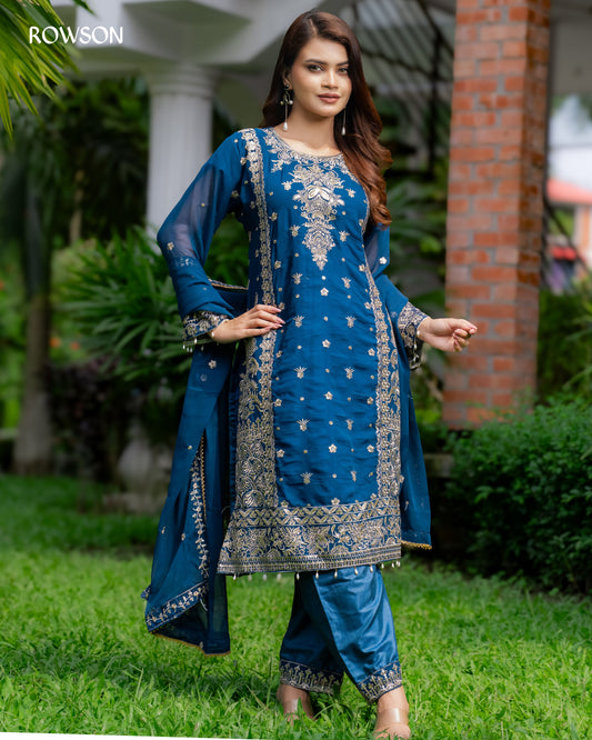 Shahi Embroidered Three-Piece - Royal Peacock Blue