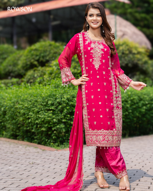 Shahi Embroidered Three-Piece - Royal Fuchsia Pink
